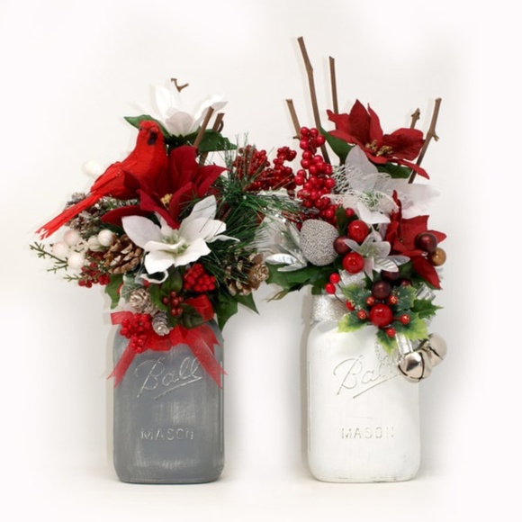 Holiday Ball Mason Jar Floral Arrangement Centerpiece, Poinsettia Flowers - Picture 10 of 10
